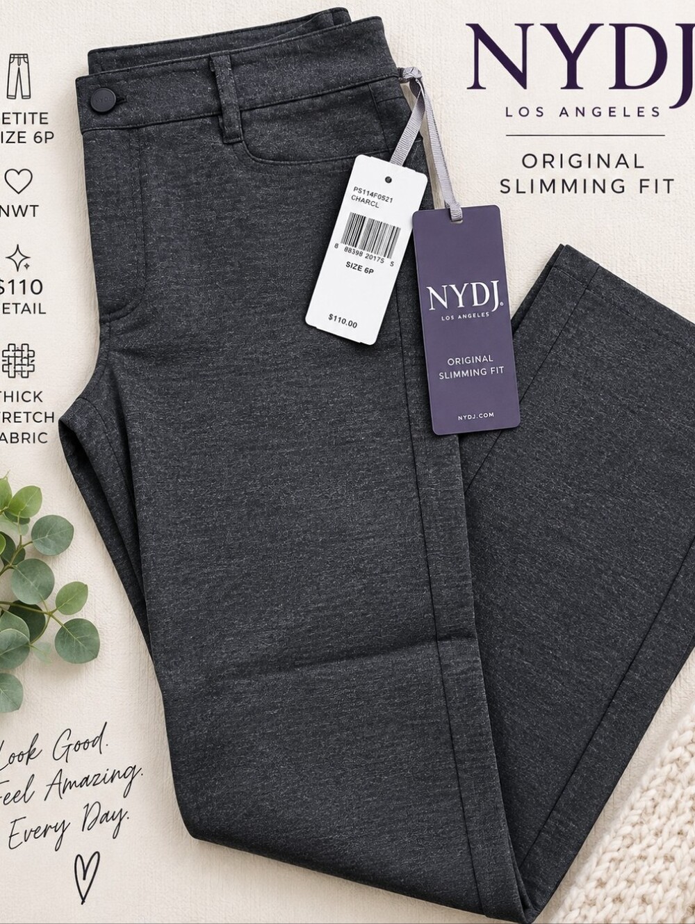 NYDJ Original Slimming Fit Petite 6P Charcoal Gray Stretch Pants NWT